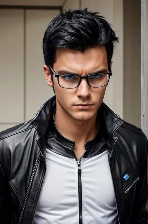 A young man with spiky black hair and bright blue eyes. He wears a black leather jacket with a silver zipper down the front. A white collared shirt peeks out from under the jacket. He has on black framed glasses. He looks determined and seems to be ready f...