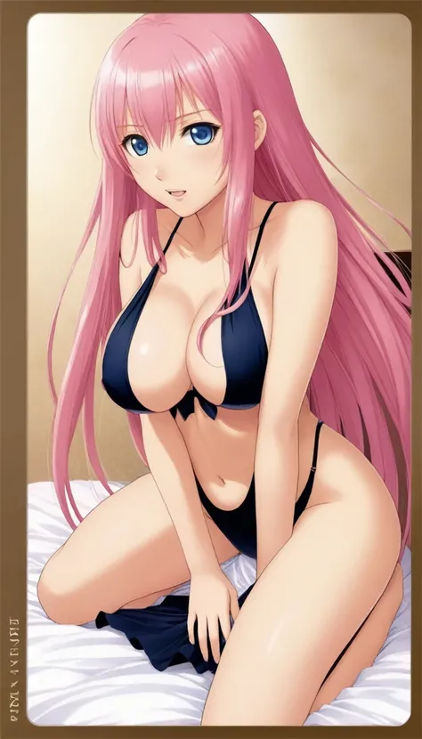 Official Art,１Man Beautiful Adult Woman,Megurine Luka,Pink long hair,blue eyes,Big Breasts,Temptation with a torn swimsuit:2.0,bed, １People only,Erotic:2.0,Expanding the vagina,Cowgirl position penis insertion sex,Eroticウァギナオナニー:2.0