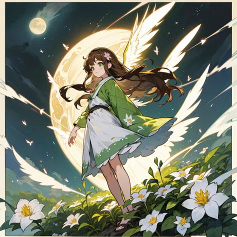 brown hair, long hair, straight hair, kawaii, anime, Cute, hyper quality, highly detailed, full body, 16k, green eyes, wings of light on the back of body, one girl, nature background, moonlight, Meteor shower, light effects, one brown bird, highlight, flow...