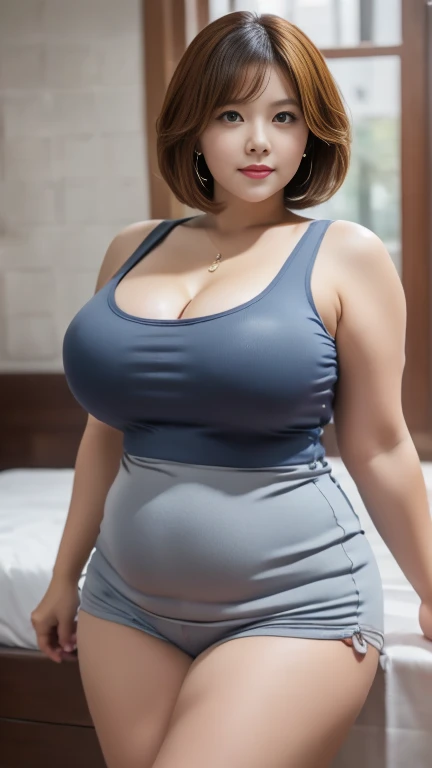 (8K, best quality, masterpiece, Golden Ratio Composition,:1.3), (40 years old plump Japanese woman in the bedroom), (90 kg obese body),  (Legs close-up), (Thick thighs),  (Snow-white long legs), (Dressed as a secretary :1.2), (Huge breasts), (Big thick leg...