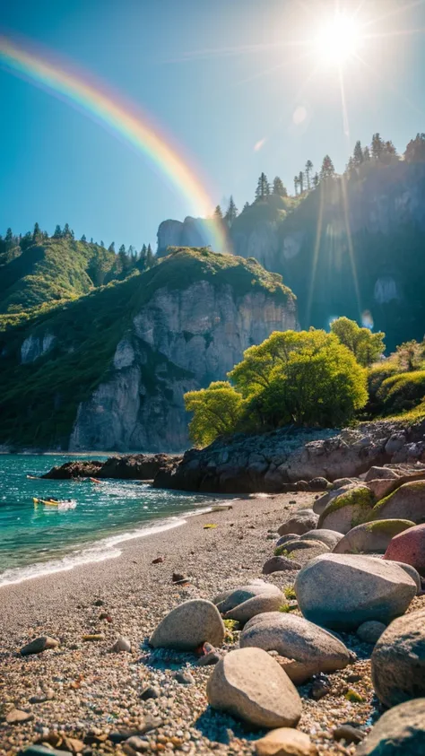 there is a rainbow in the sky over a beach with rocks and pebbles, seashore, Alpine Forest Landscape Photo，Steep mountain roads，Clear and transparent lake，wood，Bushes，Fallen leaves，Dawn Sun，Kasumi，Cliffs and mountains，Dilapidated，Lonely，cold，Foggy sky，Not ...