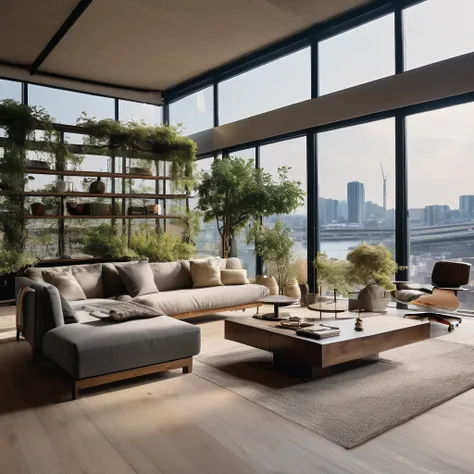 cinematic photo,mrares, ((Wabi-sabi style:1.5)), (Wabi-sabi_style:1.5), (It was:1.5),(Wabi-sabi elements:1.3), modern living room, simple style, living room, home, concrete plain wall, wooden floor, there is a sofa placed in the space, a projection screen ...