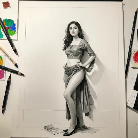 (only the pencil sketch of a (((art))) of woman (on canvas)), Indian attire, full body, front leaning, (pencil drawing), ((old style)), ((hanging on the wall)), living room, analog photo, (polaroid), art, painting, draw, (((sketch))), messy room