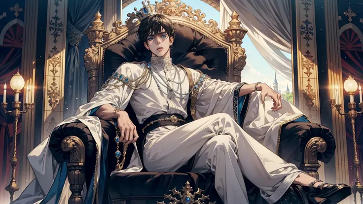 black hair, short hair, the king sits on a majestic throne inside a majestic palace with a crown. King of the sea,  The environment around it is majestic. Throne with silver and precious stone details, and covered with silver cloth. The protagonist is dres...