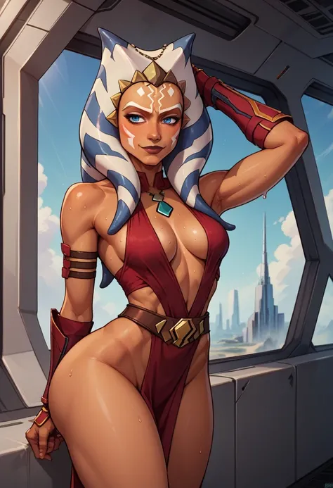 score_9, score_8_up, score_7_up, score_6_up, BREAK Ahsoka, wearing jedi robes, cleavage, medium breasts, seductive smirk,sweating, wide hips, big ass, on a spaceship