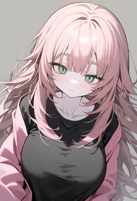 1 woman, alone, adolescent, pink fur, broad, messy hair, corrugated shelter, long bangs, pale skin, green eyes, big breasts, lar...