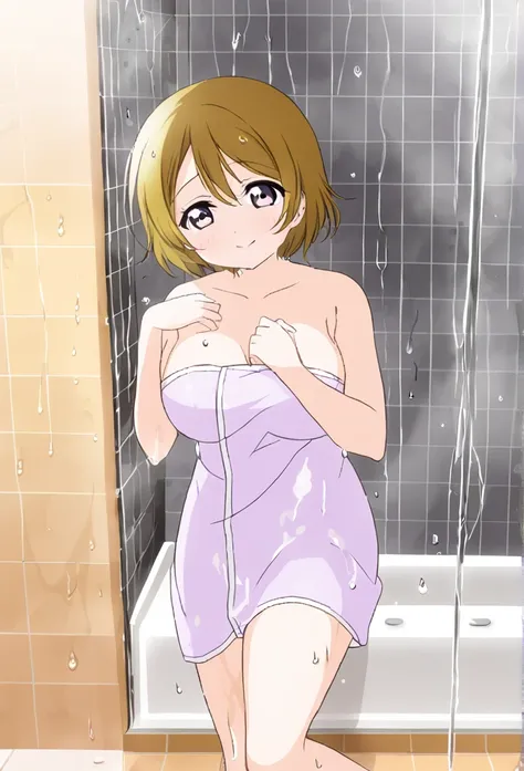 Hanayo Koizumi　Shaggy Bob　Purple eyes　Yellow-brown hair　Quite large breasts　Wrap a bath towel around your body　shower room　I take a shower　smile　Soaking wet