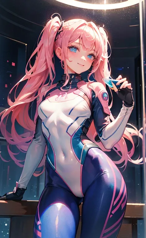 (masterpiece, top quality, very aesthetic, 4k、illustration), intricate detail, 1girl,leaning against a glass wall、(cowboy shot)、light smile、(sideburns)、
Cute 、pink hair、twintails,middle hair,sidelock ,high ,blue eyes、Space suit, tights suit、small breasts,S...