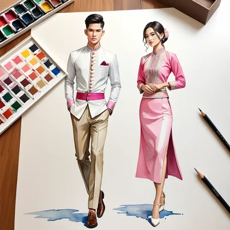 candid fashion illustration of two young man and women, 20-27 year old, adorned in a meticulously crafted North Thai Lanna traditional costume, ((showcase in cotton handwoven outfit in pink)), simple elegant style, The man wears a simple long-sleeved white...