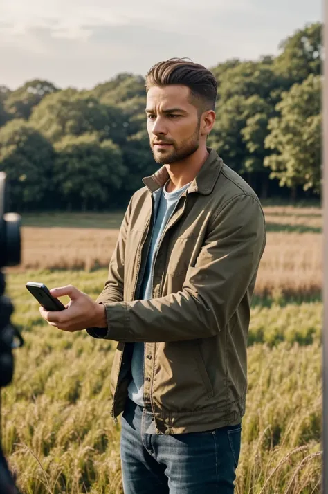 Create an image depicting a man standing in a field, holding a phone in his hands and recording a video. The scene captures the mans focused expression as he films something of interest in front of him. Surroundings should convey an open outdoor setting wi...