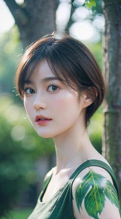 (Masterpiece:1.2), (Pale skin:1.2), (8K:1.2), (Solo:1.2), (Female:1.1), (emphasis lines:1.3),, Delicate short hair, (Outdoors:1.2), park, Green trees, Birds, , huge-breasted, (seen from the front:1.1), , thigh high, Body painting art，Close up