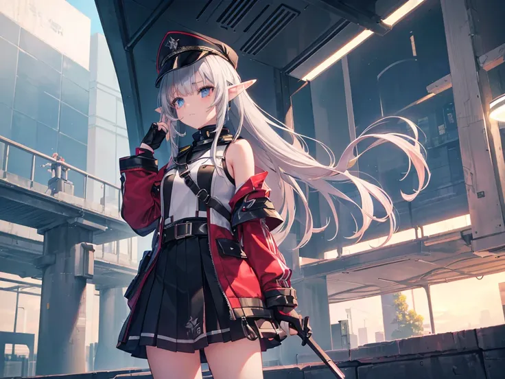 1girl:1.4, masterpiece, best quality, 8k, (highly detailed 3D rendering of a character named Ulc from SEGAs PSO2), elf-like female with pointed ears, (small gray womans Garrison cap), (long straight dark red hair), (gray futuristic military-style uniform, ...