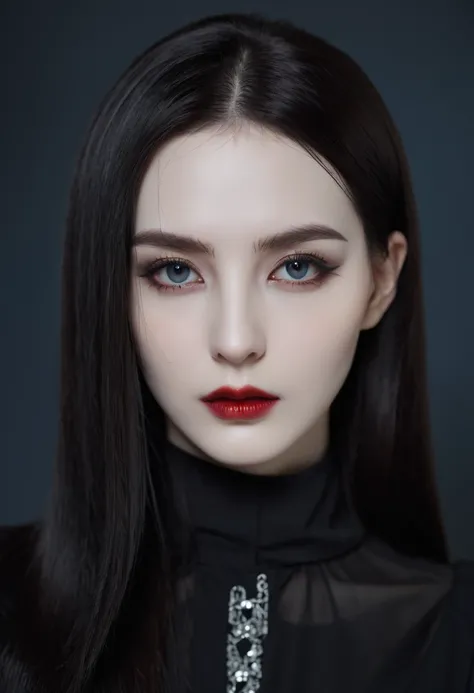 (high quality: 1.3), Lenses, masterpiece, (Clear focus: 1.5), (Reality: 1.3), Medium Portrait (A young beautiful vampire woman, Pale skin, Gothic, Still proud and fierce, Black Straight long Bob Hairstyle, Dark, Wearing a very fine dark tunic, Dark atmosph...