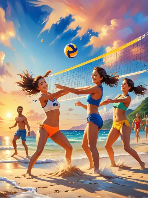 a group of energetic young people playing beach volleyball，on the beach，ocean，islands，sunset，prime time，nostalgia，memory，sportsw...