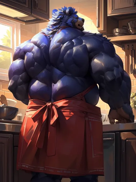 [lindong, lucusold], a man with a huge bear making a cholate, kitchen , ((muscular, belly)), apron, back view, thicc, danbooru and artstation, heavy detailed, insanely inflated hips, proportionally arms, commission for high res, detailed but rough, semirea...