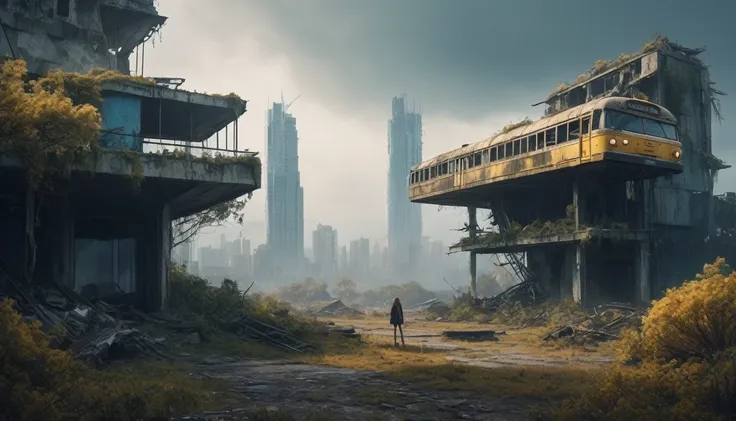 sci-fi world,view from a destroyed building,rusty school bus, abandoned land, rusty buildings, miss, dark clouds, abandoned city...