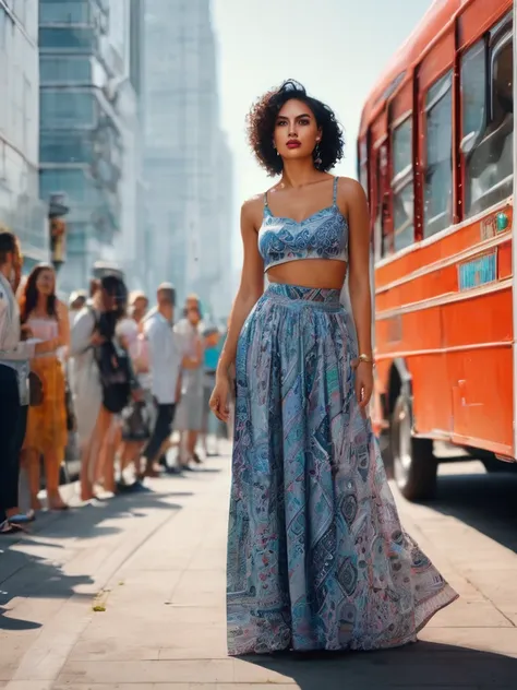 a woman standing in a bus queue. beautiful woman, a mixed race latina model with a stunning figure. trendy stylish woman. wearin...