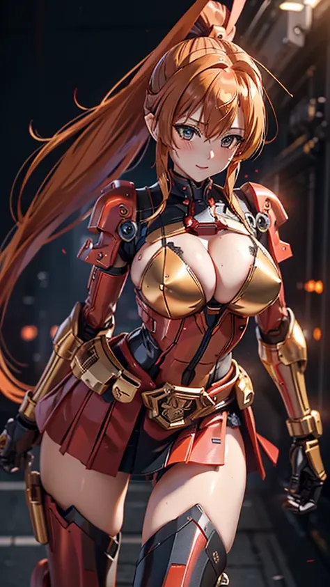 red translucent armor，Arm mecha，Short golden hair，Long ponytail hairstyle，Large Breasts，Cleavage，Pistol hanging from waist，fighter pilot，fighter hangar，Sexy，Lipstick，Miss，Golden Eyes，stockings，Short skirt