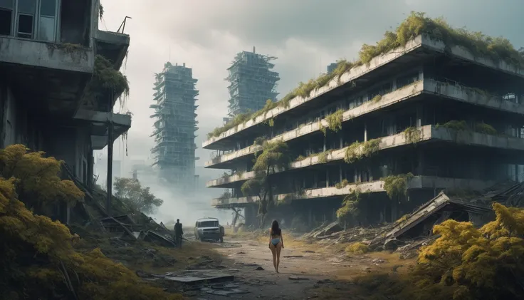 sci-fi world,view from a destroyed building,rusty school bus, abandoned land, rusty buildings, miss, dark clouds, abandoned city...