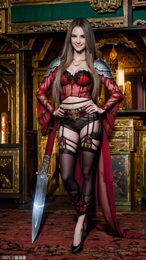 ((Full-length photo, standing, feet on the ground)) 8K、Chest armor with a red and black flame motif,An enchanting succubus wearing luxurious red armor.、A long pants with a luxurious red and black flame motif,A Arafed woman poses for a photo with a sword an...