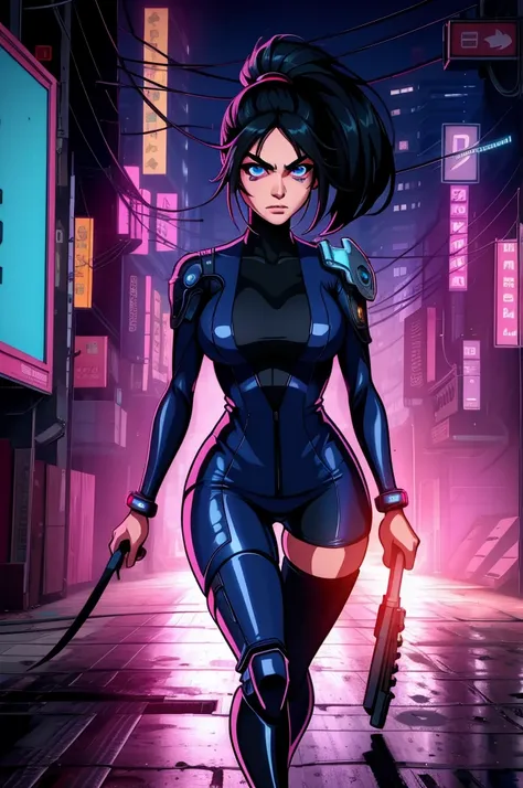 annflores. black hair, blue eyes,   ponytail,  mole under left  eye, 
bodysuit, legs,  thigh boots, 
 looking at viewer,  standing,  upper body,    serious, 
cyberpunk,  city,  night, neon blue and pink lights,
 (insanely detailed, beautiful detailed face,...