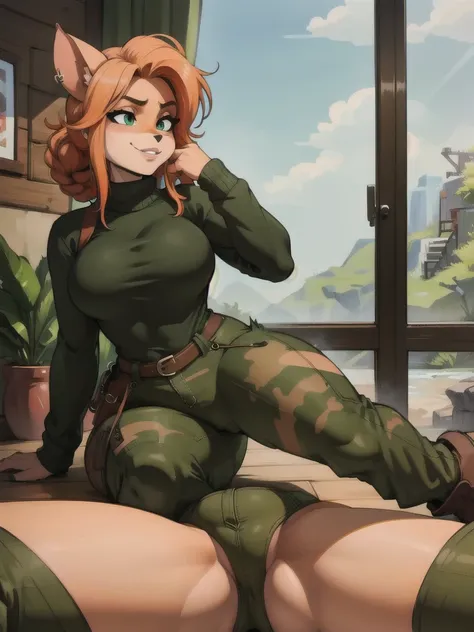 (best quality,4k,8k,highres,masterpiece:1.2),ultra-detailed,realistic:1.37,portrait,anthro bandicoot girl redhead, braided hair, beautiful green eyes, sexy relaxing moment, sexy ,seductive, warm sweater, camouflage pants, army boots, smirking, cozy lightin...