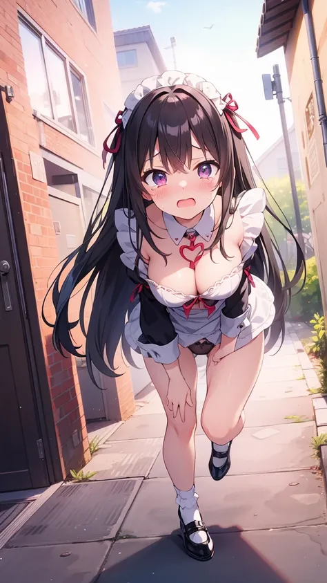 (Highest quality), (masterpiece), 1080P, High resolution, 4K, 8K, Looking down, Maid clothes, Heart hole in chest, Heart motif, Cleavage, Only the chest is exposed, black panties, Leg spread, Low angle, cry, They hesitate, run away, Embarrassing, Are cryin...