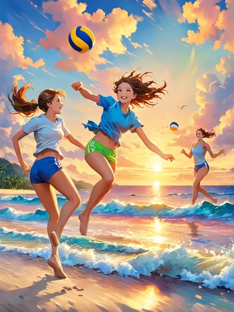 A group of energetic young people playing beach volleyball，on the beach，ocean，islands，Sunset，Prime Time，Nostalgia，memory，Sportswear，hapiness，Smile，(Oil painting style，charming，Vivid colors), (Best quality，8K，high resolution，masterpiece)，Ultra-detailed