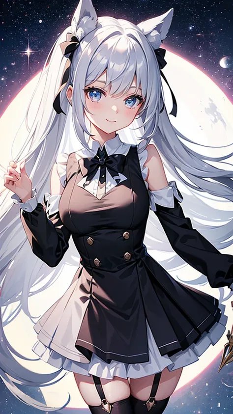 Magical girl　black and white costume　mini skirt　No sleeve　Long hair with silver hair　Ribbon in hair　smile　Great style　Directly facing　universe space