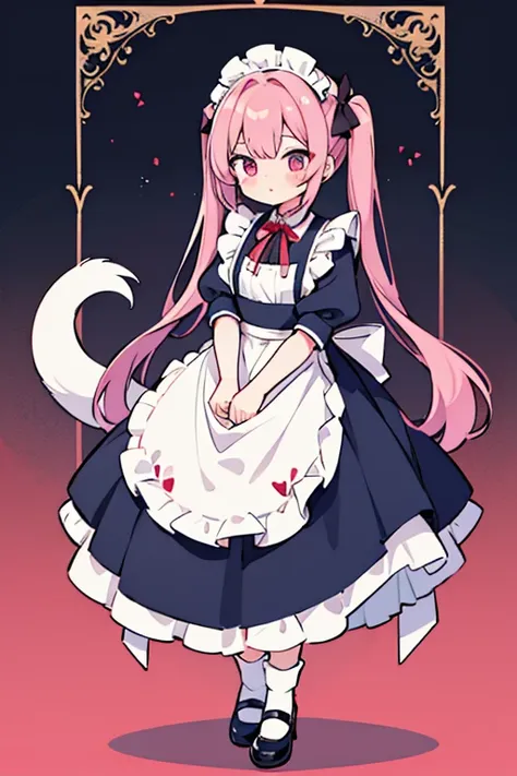 one adult woman,hair_navy blue,twin tails,big tail,apron,classic maid_red,long,eye_pink,socks_white,pumps_black,clear,elegant,re...