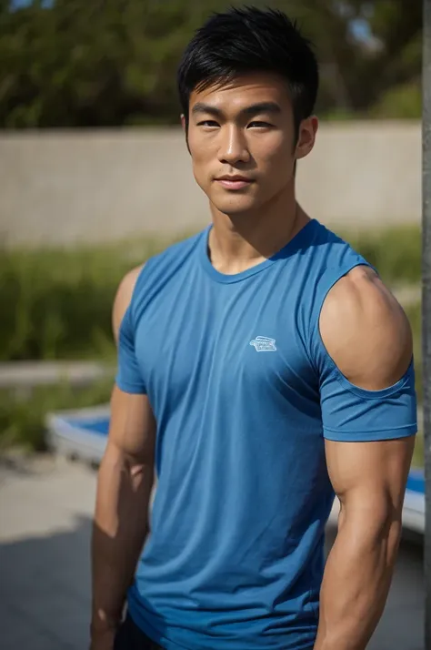 a handsome, muscular young asian man looks at the camera. in a plain blue t-shirt , fieldside, grass, beach, sunlight