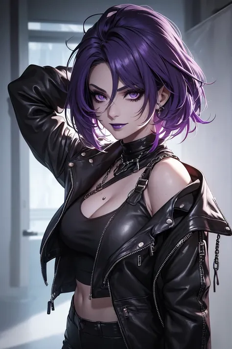 a punk girl, student, hooligan, short messy white hair, purple eyes, black punk clothes, punk, chains, black sleeveless top, baggy black pants, sadistic smile, aggressive, dark purple lipstick, thug, (best quality,4k,8k,highres,masterpiece:1.2),ultra-detai...