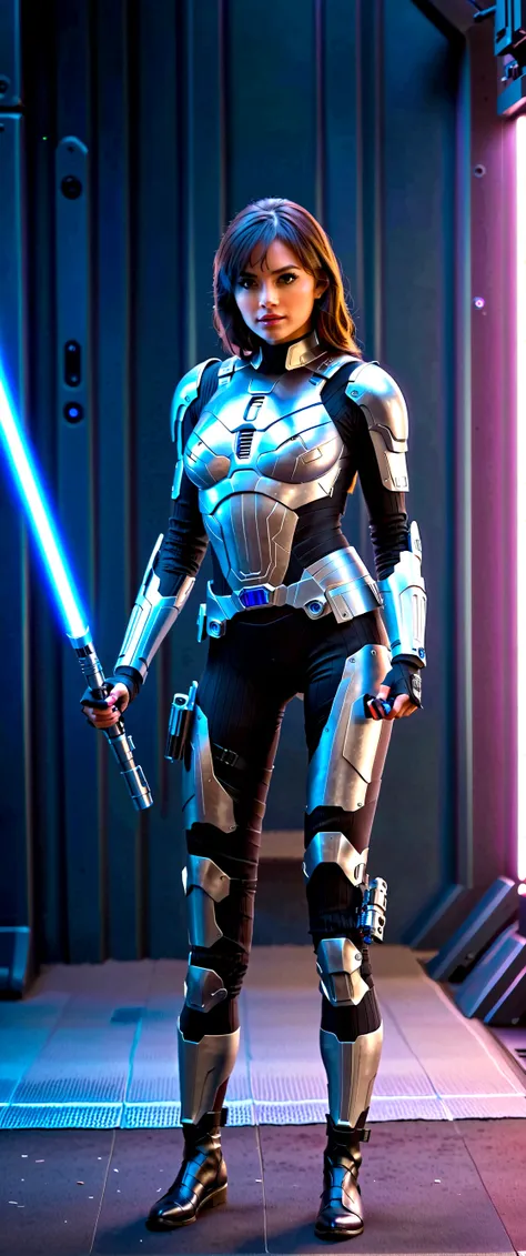 a cute woman (sci fi outfit, tight fitting body armor, wielding a blue light saber) behind her is a rack with various weapons an...