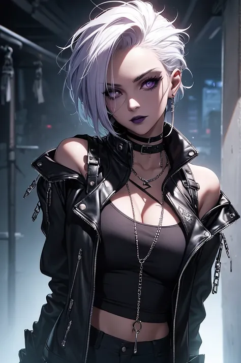 a punk girl, student, hooligan, short messy white hair, purple eyes, black punk clothes, punk, chains, black sleeveless top, baggy black pants, sadistic smile, aggressive, dark purple lipstick, thug, (best quality,4k,8k,highres,masterpiece:1.2),ultra-detai...