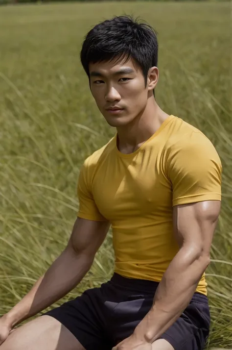 a handsome, muscular young asian man looks at the camera. in a plain yellow t-shirt , fieldside, grass, beach, sunlight