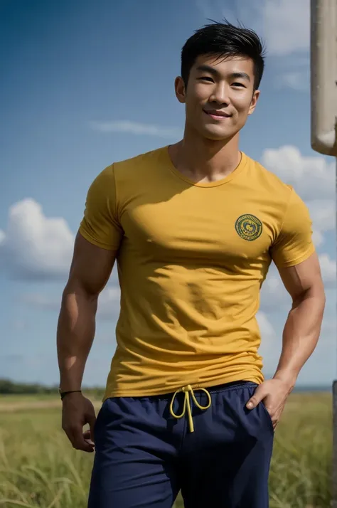 a handsome, muscular young asian man looks at the camera. in a plain yellow t-shirt , fieldside, grass, beach, sunlight