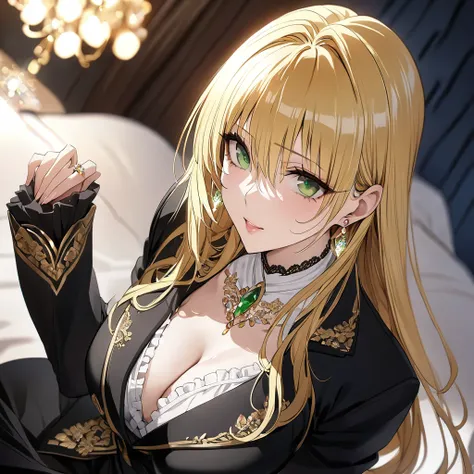 ((Highest quality)), ((masterpiece)), (detailed), （Perfect Face）、The woman is a thief with green eyes and medium-long blonde hair. She is wearing a luxurious black skirt-type suit with gold embroidery and trim, a luxurious and elegant white blouse with fri...