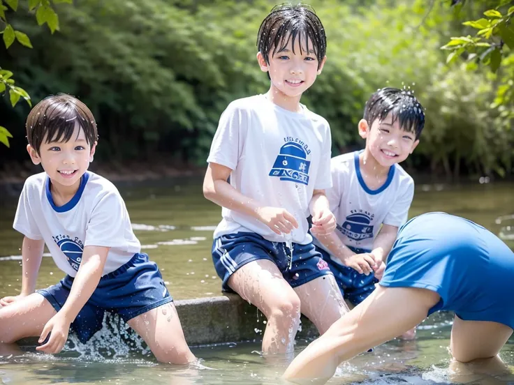 In the forest、Swimming in the river、Cool and refreshing water、Cute elementary school boy、１０Year old boy、Boy in gym clothes、The bottom of the white T-shirt is blue、Blue shorts、The boys are playing、Get wet all over、Noisy boys、Splashing Water、Japanese、（Boy 1....