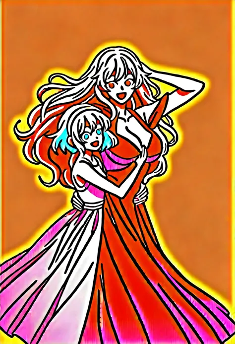 Two Girls, Mary, Ann, Big Breasts, Blonde, Long Hair, Twin tails, Red eyes, Small breasts, Grey Hair, short hair, blue eyes, Facial blemishes, Height difference, dress, Dancing, indoor, Ballroom. smile, Open your mouth, Dynamic pose, score_9, score_8_super...