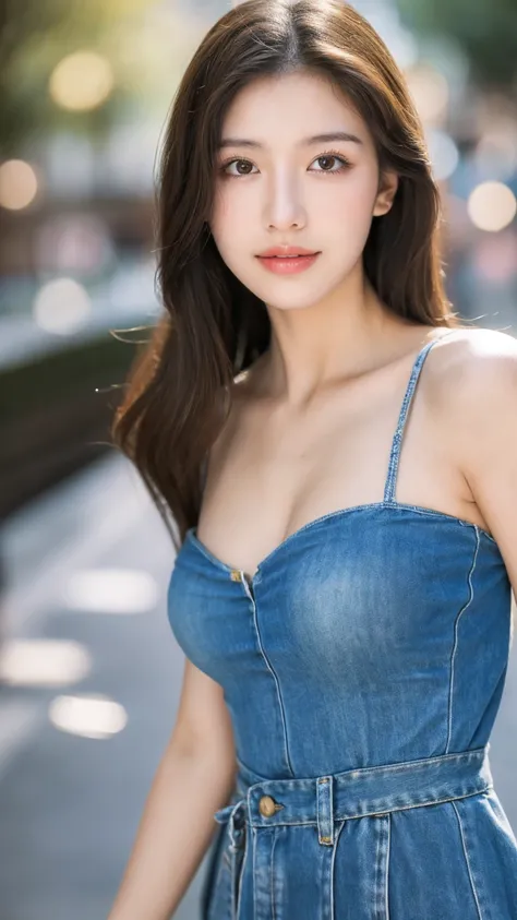 ((Best quality, 8K, masterpiece:1.3))，1girl，18 years old，Asian，Real texture:1.3，(Background blur:1.1)，Dress Up，Tall and slender figure:1.2，(Hot summer weather)，（street:1.3），Highly detailed face and skin textures，Exquisite eyes，Long eyelashes，Double eyelids...