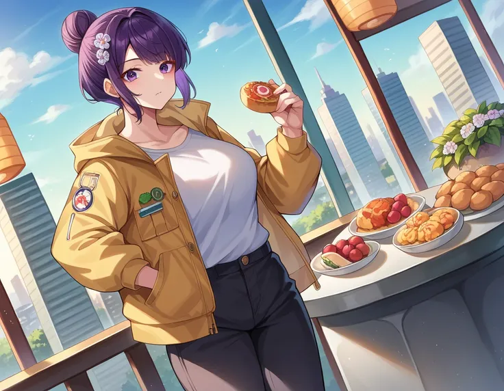 score_9, score_8_superior, score_7_superior, sauce_anime,
katsushikaHokusai, Hokusai, bangs, Purple eyes, Purple Hair, Mature Woman,
short hair, hair ornaments, flower, hair flower, Food, Hair Bun, single Hair Bun, Long sleeve, Jacket, pants, Food, Officia...