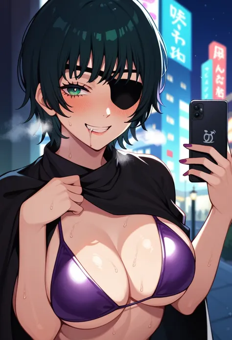 mature female, mature, Adult, himeno, himeno(Chainsaw Man), 1girl, black hair, short hair, eyepatch, solo, blush, phone, octopus symbol, seductive smile, grin, aroused, in heat, nsfw, steam, breath, sweat, drooling, Villains, chest, View your audience, Nig...