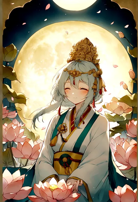 Ancient Japanese Goddess, Kannon of Love, The background is cherry blossoms at night and a huge moon、Inspired by India, Calm expression,Shui Mohua,Buddha,Buddha教徒,Lotus