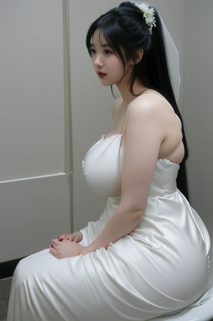 bride、Wearing a wedding dress、Super fat、Big Breasts、Big Ass、Super long straight black hair、Small private room、Sitting on the toilet