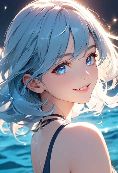 (masterpiece:1.5),(Beat quality),(high res),1girl solo,beautiful face,smile(shining eyes),upper body,light effects,Blue-haired woman in a swimsuit,blue sea