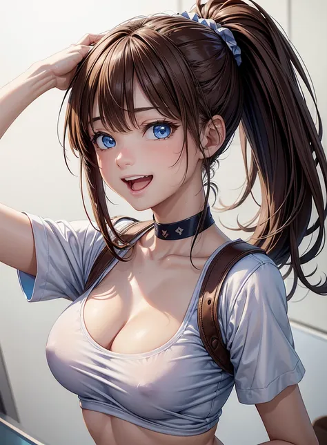 Ultra-high resolution CG Unity 8K 壁紙, Beautiful Features、((Brown Hair、ponytail: 1. 5)), ((Blue Eyes:1.4)), ((Laugh happily:1.4)), Highly detailed eyes, Highest quality, Ultra-high resolution, Beautiful and vivid illustrations、Ultra-realistic oily and gloss...