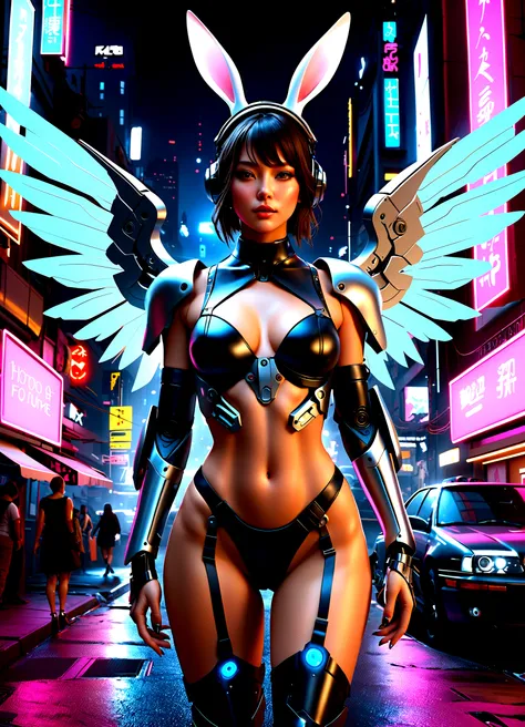 (Best quality,4K,8K,A high resolution,Masterpiece:1.2),Ultra-detailed,(Realistic,Photorealistic,photo-realistic:1.37),[Cyberpunk,Girl,The center of the picture,frontage，Mechanical,Metallic,robotic limb,high-heels，(Huge wings),(Rabbit ears)],Futuristic city...