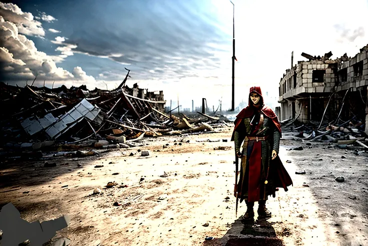 hdr, best image, a soldier of god with sword, with red cape, from the heavens, in front of a destroyed city, color image, ruins ...