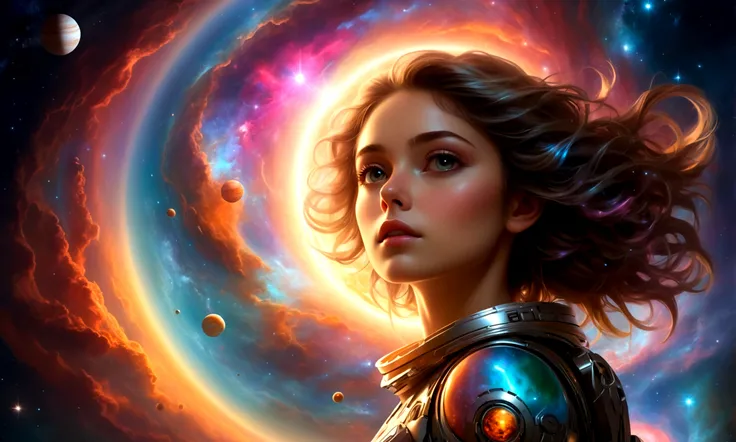 a girl against the backdrop of Jupiter emerging from nebulae in outer space and rising above the horizon,(Best quality,4K,8 k,A high resolution,masterpiece:1.2),ultra detailed,(realistic,photorealistic,photo-realistic:1.37),fabulous nebulae,majestic,, emer...