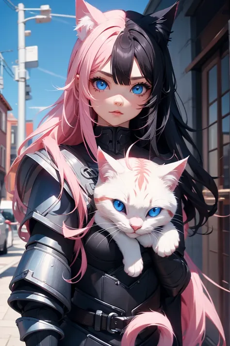  two toned hair, pink hair, black hair, cat girls, blue eyes, long wavy hair,, cat girl, blue eyes, armor